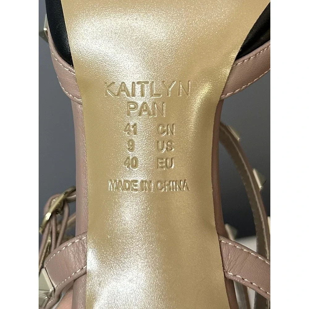 Kaitlyn Pan Shoes Womens 9 Black Studded Strappy Ankle Strap Pointed Toe Heels